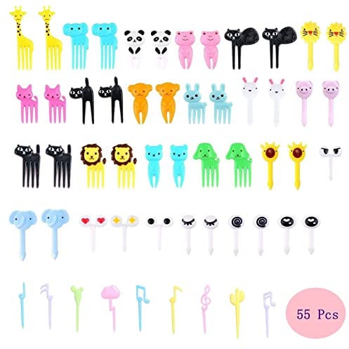 55 Piezas Tenedores Fruta Niños Mini Palillos de Comida en Plástico Bento Lindos Postre Pastelería Fiesta Decorativos
