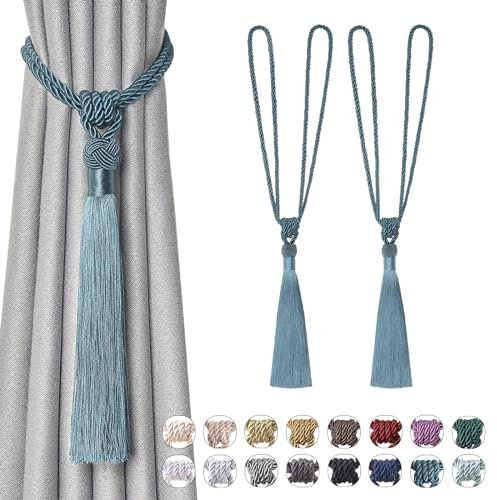 Pretty Jolly Langen Quasten Vorhang-Raffhalter Handmade geflochtene Seil Knoten drapierte Raffhalter Elegante dekorative Vorhanghalter für Zuhause und Büro, Türkis, 2 Stück