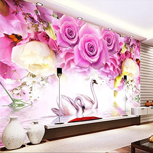 HDHGKYY 3D Wohnzimmer Tapete Rosa Rose Schwan Hintergrund Wandbild Dekoration Wandmalerei Wandkunst Wandaufkleber
