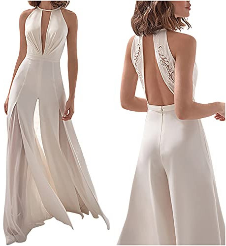 Tuta da Donna Sottile a Maniche a Halterneck Slim da Donna Open Back Sexy Sexy Scollo A V Donne Bianche Tuta da Donna Donna Jumpsuit Pantaloni Vestito Abito Elegante Salopette Donna Elegante Cerimonia