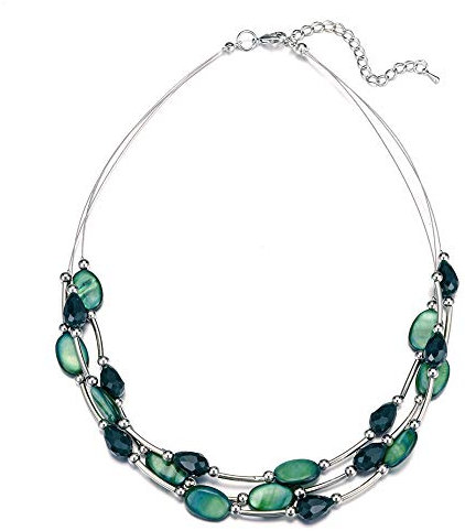 Bulinlin Damen Silber Perlenkette mit Kristall Statement Mehrreihige Boho Choker Halskette Modeschmuck Geburtstagsgeschenke für Frauen(13-Green)