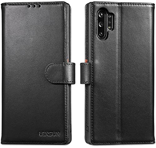 Lensun Custodia per Samsung Galaxy Note 10 Plus, Cover in Vera Pelle [RFID Blocking] Libro con Portafoglio Chiusura Magnetico Flip Custodie Cuoio per Galaxy Note 10 Plus/Note 10+ 5G–Nero