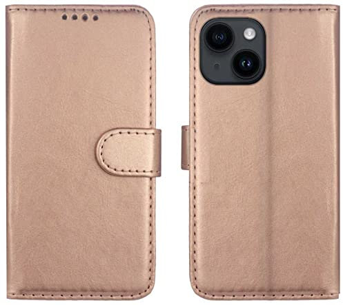 MAU iPhone 14 Case, Rose Gold PU Leather Flip Wallet Phone Stand Case Cover Holster with 2 Slot Card Holder and Magnetic Closure for iPhone 14 - Rose Gold