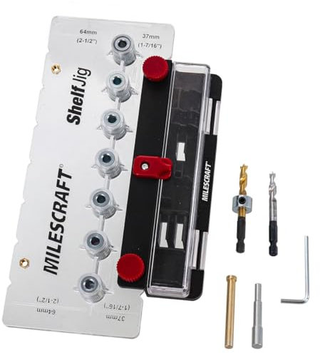 Milescraft 1343 Regalvorrichtung, 1/4 Zoll und 5 mm Regalstiftlöcher für Schränke Standard 32 mm Abstand Regalstiftvorrichtung inkl. zwei Bohrer