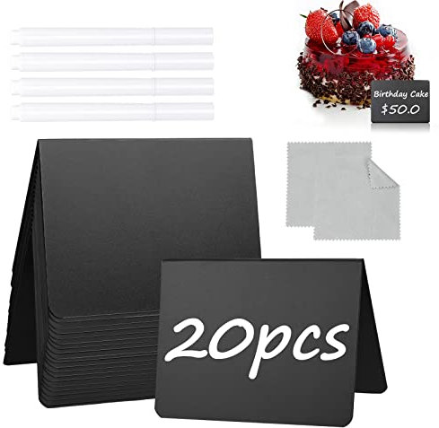 20er Set Kreidetafel Klein, 10 x 7.5 cm Kreidetafel zum Beschriften mit 4 Weißer Stift & 2 Mikrofaser Tuch, Abwischbare Mini Kreidetafeln für Buffet Preisschilder, Namensschild Aufsteller, Bäckerei