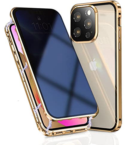 OMGZONE Privacy Case for iPhone 13 Pro Magnetic Cover,Screen Protector built-in Anti-peep Tempered Glass Full Cover with Camera Protector,360 Degree Metal Bumper Case for iPhone 13 Pro,Gold
