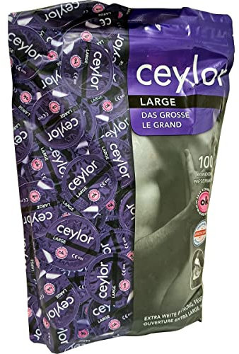 Ceylor Large 100 extraweite Kondome mit Gleitcreme, Großpackung, verpackt im hygienischenDösli, einfach zu öffnen, schnelleres Überziehen, Premium-Qualität aus der Schweiz