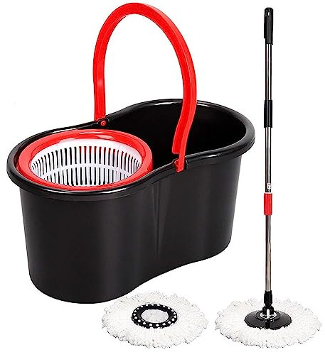 360° FLOOR MAGIC SPIN MOP BUCKET SET ROTATING DRY WITH 2 HEADS MICROFIBER (Black)