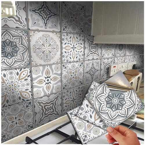 48x Tile Stickers Kitchen Victorian Mosaic Transfers for Floor Wall Kitchen Bathroom Peel N Stick Tile Wood Floor Wall Covers. (Grey Mix, 4 - 48 Individual Stickers)