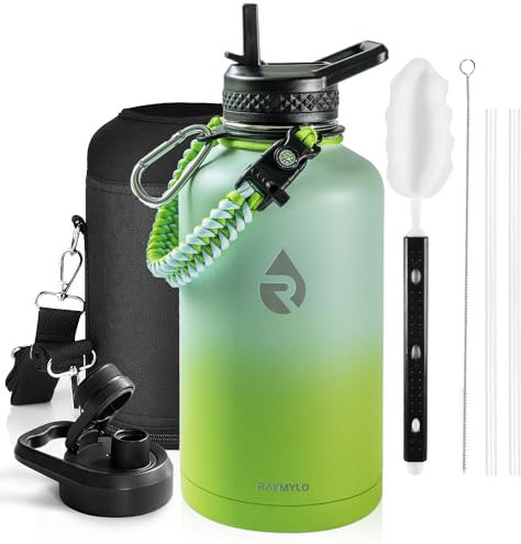RAYMYLO Insulated Water Bottle 64 oz, Triple Wall Vacuum Stainless Steel (Cold for 48 Hrs), Leak Proof & Non-BPA, Half Gallon Water Flask Jug with Paracord Handle & Straw Spout Lids