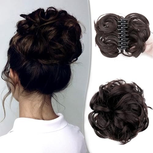 Krallen Clip Messy Bun Haarteil mit Klammer - Lockige Synthetische Haarknoten Haarverlängerung Chignon Voluminös Unordentlicher Dutt Extensions (Braun-schwarz)