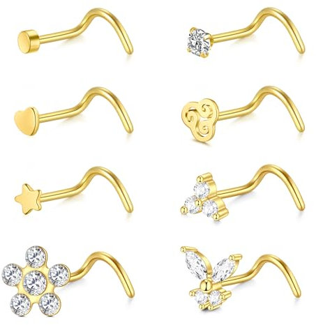 WillTen 8Pcs Percing au Nez Piercings Vis, 20G Piercing Nez Acier Chirurgical Or avec Zircon Cubique, Percing au Nez Studs Tragus Labret Helix Bijoux pour Femmes Hommes