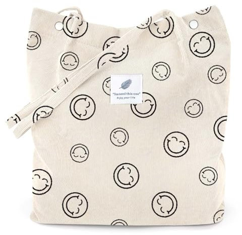 LHMTQVK Cord-Tragetaschen für Damen, große Kapazität, wiederverwendbare Einkaufs-Umhängetasche mit Innentaschen, Smile, Large, Smile