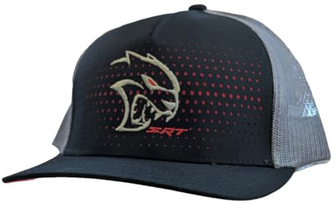 Dodge SRT Hellcat Redeye Trucker-Mütze mit gesticktem Logo, mittelgroßes Profil, fünf Paneele, strukturierte Kappe, Snapback-Verschluss, Schwarz/Grau/Anthrazit/Rot, Mehrfarbig/Meereswellen (Ocean