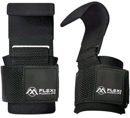 Flexi Muscles Weight Lifting Hooks (Pair) - Heavy-Duty Wrist Straps with Non-Slip Grip - Ideal for Deadlifts, Pull-Ups, Shrugs, and Powerlifting - Padded Wrist Support for Men & Women