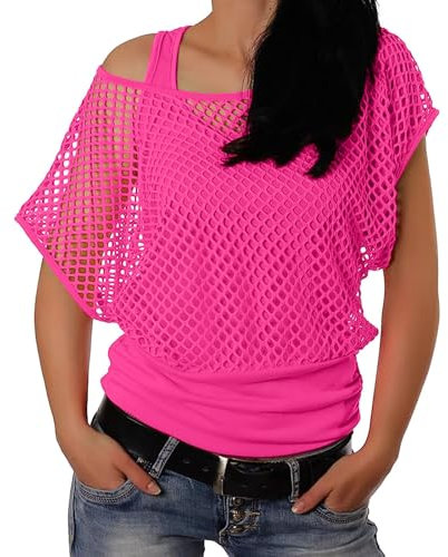 NCQiFei T Shirt Fluo T-Shirt en Maille pour Femme Costume des années 80 Femme Mesh Crop Top T-Shirt pour Annees 80 Costume Vetement Fête Rétro Disco Costume de Fête Néon (Hot Pink, XL)