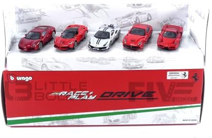 Bburago - Geschenkpackung 5 Ferrari Drives - 5 realistische, ikonische Automodelle, 3 Zoll groß, offizielle Ferrari-Lizenz, empfohlenes Alter ab 3 Jahren