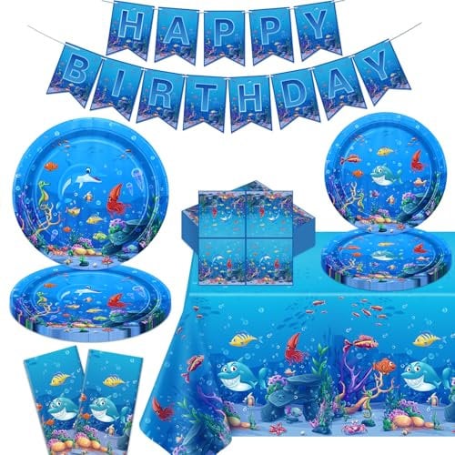 123 Pack Under The Sea Party Supplies Ocean Animal Birthday Party Decorations Set Ocean Themed Happy Birthday Supplies Include Plates, Napkins, Banner, Tablecloth for 40 Guests