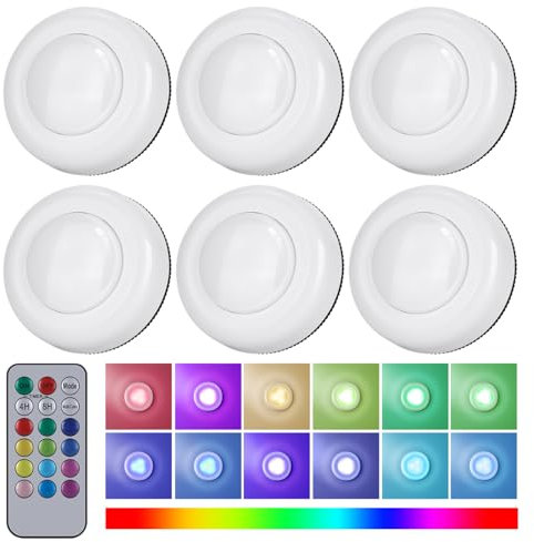 Aigostar Under Cabinet Lights RGB LED Closet Lights Night 3000K Dimmable 6PC Colors Changing Remote Control Wireless Lights Brightness Adjustable Timer Battery Powered Light Kitchen Wardrobe Cupboard