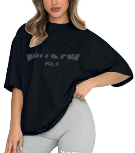YUEXIRUI Oversized T Shirts for Women Trendy Summer Tops Short Sleeve Crewneck T Shirts Plus Size 2024 Trendy Tunic Top Loose Casual Tee Shirt Blouses (Without Shorts) B-Black