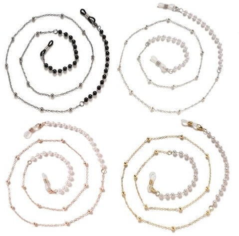 Rjayaa Brillenkette Damen Modern 4 Stk Sonnenbrillen Brillen Kette Brillenketten Brillenband Perlen Glasses Chain RoséGold Silber Schwarz