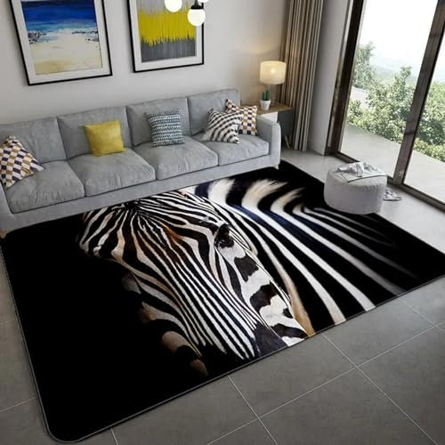 Illusionsteppich, Tier Zebra 3D-Flächenteppiche, Schlaf- Und Wohnzimmer, Rechteckige rutschfeste Bodenmatte, Nachttisch, Heimtextilien-Teppich, Weich Und Hautfreundlich 120 X 160 cm -9Q6F-U0J5-8R9