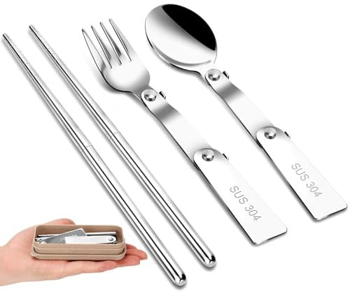 3 Pieces Foldable Camping Cutlery Set - 304 Stainless Steel Spork & Chopsticks with Lunch Box, Portable Fork & Spoon Set for Picnic, Hiking