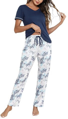 Litherday Ensemble de Pyjama Femme Coton Vêtements de Nuit à Manches Courtes + Bas de Pyjama à Carreaux Vêtement d'Intérieur Bleu Marine XL