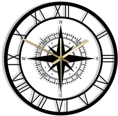 Horloge murale avec boussole et carte de direction - Horloge murale silencieuse - Nautique - Rose des vents noire - Décoration d'intérieur - Design d'intérieur rétro - Horloge murale décorative