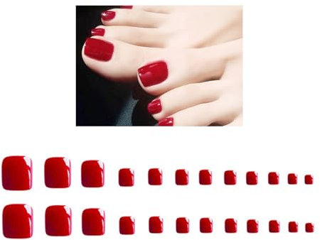 Ling & Bai Fake Toe Nails 24Pcs Pure Color False Toenails Short Glossy Glitter Full Cover Artificial for Women and Girls (Red, Glue Style)