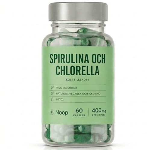 Noop Spirulina & Chlorella Kapslar 60st - Organisk Superfood - Veganskt Protein, Järn & B12 - Detox & Energi - Svensktillverkad - Tredjepartstestad
