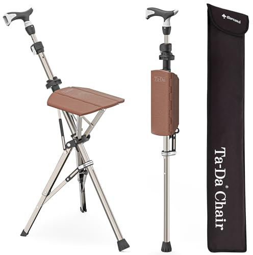 TA-Da Chair PRO - Gehstock mit Sitz, ultraleichter Aluminiumrahmen & robuster Klapphocker (bis zu 120 kg), zusammenklappbares Design, ideal für Reisen & Sightseeing, höhenverstellbar (braun)