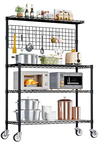 Taotigzu Estantería de cocina con ruedas, mueble de cocina con estantes de almacenamiento y ganchos de metal, estante industrial para microondas y horno, bajo espacio de almacenamiento