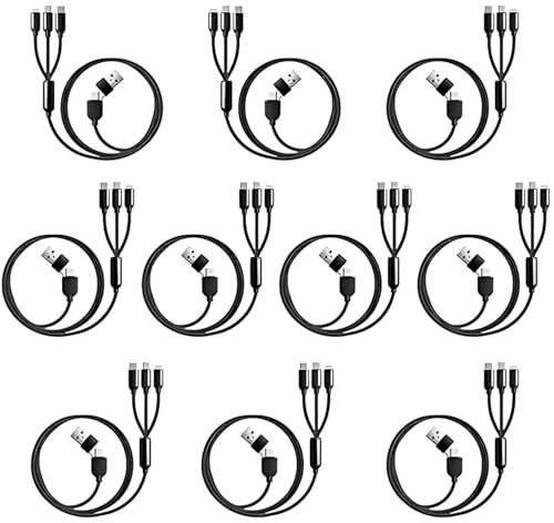 Jembe - Câble de charge multi-USB - Lot de 10 - Câble Nylon Tressé 3 en 1 Prend en Charge Micro USB, Lightning(iPhone), Type-C - Chargeur Mural 2 en 1 - USB Type-A & C - Noir (1.2m)