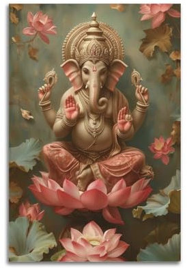 ZSLYMX Buddhistisches Poster mit Bild von Ganesha im Lotus-Teich, Marvel-Poster, dekoratives Gemälde, Leinwand, Wandposter für Schlafzimmer, Dekoration und Kunstdruck, moderne Familie, 20 x 30 cm