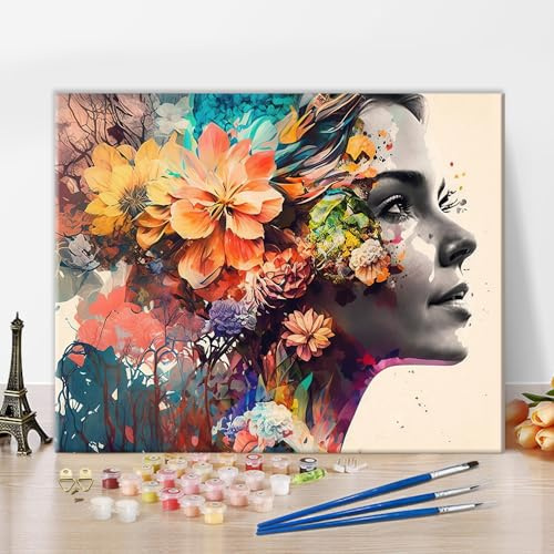 TISHIRON DIY Ölmalerei Kit, bunte Frau Profil und Blumen malen nach Zahlen für Erwachsene, schöne Frau malen nach Zahlen mit Pinseln und Pigment für Wanddekoration, 40x50 CM, rahmenlos