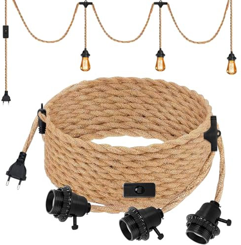 Portalámparas E27 con Cable Vintage de 6.8m en Cuerda de Cáñamo Trenzada, Portalámparas E27 Lampara de Cuerda con Interruptor para DIY Candelabro Cocina Sótano Loft Almacén, 3 Lámpara Sin Bombilla