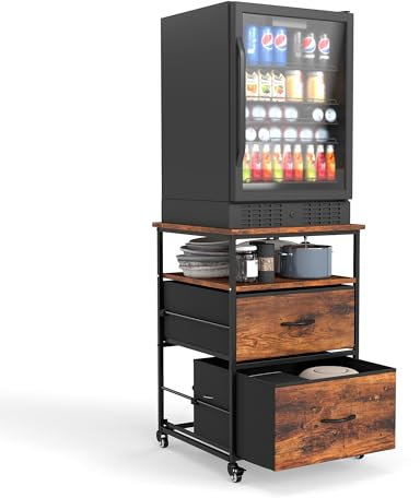 Suuiwau Mini Fridge Stand with Storage Mobile Refrigerator Table Mini Fridge Cabinet Rolling Compact Fridge Cart Beverage Fridge Table with Wheels for Kitchen Bedroom Office Dorm, Vintage Brown