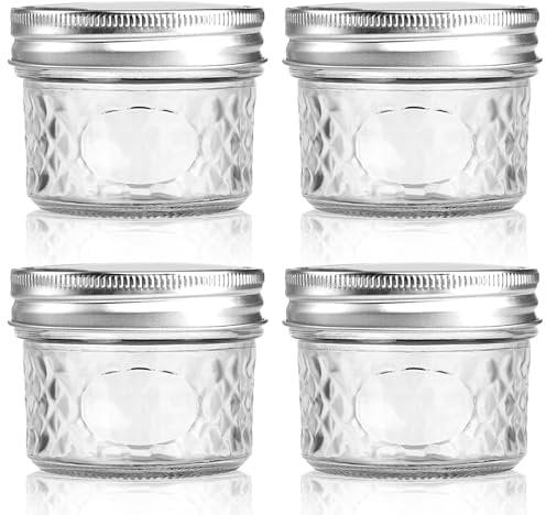 INCETUE 120 ml/4 oz Clear Glass Storage Canister with Lid, Small Wide Mouth Mason Salad Jar, 4 Pack Overnight Oats Containers for Yogurt, Cereal, Fruit, Snacks, Spice, Sugar, Coffee, Candy, Cookie