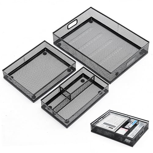 Whemyreat 3er Set Mesh Metall Schubladen Tablett,Schreibtisch-Schubladen Organizer Tablett,Aufbewahrungskorb,Stiftschale,Mesh Drawer Organizer,Schwarz,Bildschirmerhöhung metall,31.3x21.2x4.3cm