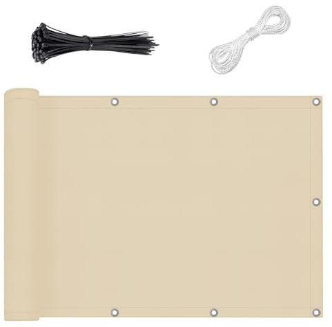 Balkon Sichtschutz, 90×500/600cm, Polyester Balkonsichtschutz, Balkonabdeckung Wetterfest und UV-Schutz, Sichtschutz Zaun mit ösen, Kabelbindern und Seilen (90×500cm, Beige)