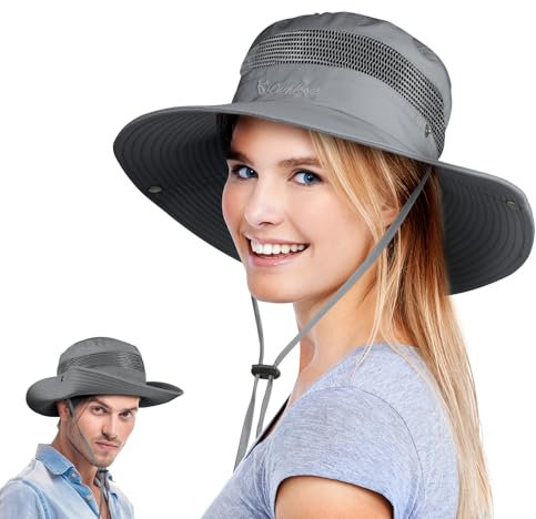 BSBUY Sonnenschutzhut UPF 50+ UV-Schutz Herren Sonnenhut Wasserdichter Fischerhut Bucket Hut Damen Breite Krempe Buschhut mit Kinnband Mesh Einstellbare Angelhut Outdoor Angeln Jagd Camping (Hellgrau)
