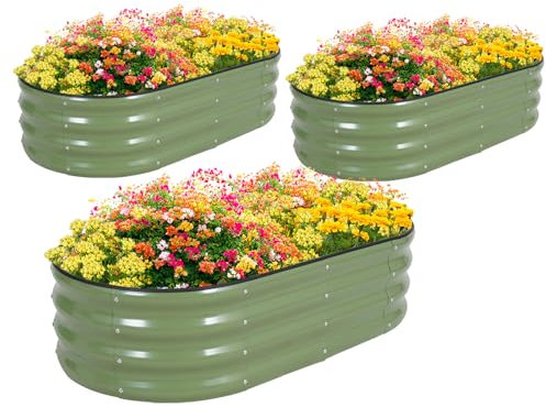 Zettfuly Galvanisiertes Hochbeet Kit - 120 x 60 x 30cm Outdoor Metall Pflanzkasten mit Sicherheitsrand und Handschuhe für Gemüse, Obst, Blumen, Kräuter (Oliver Grün, 3PCS)