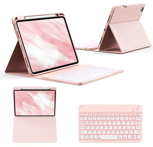 GKABXY Case with Keyboard for iPad A16 11th / 10th Generation - 7 Colors Backlit Wireless Detachable Folio Keyboard Cover with Pencil Holder for iPad 11-inch 2025 10th Gen 10.9 Inch 2022, Light Pink
