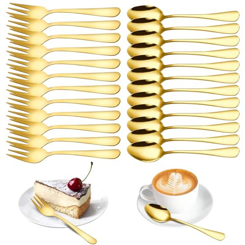 Tutamaz Kaffeelöffel und Kuchengabeln Set 24 Stück, Kleine Löffel und Gabeln Set, Kaffeebesteck Goldenes für Hochzeit, Geburtstag, Weihnachten, Spülmaschinenfest, Gold