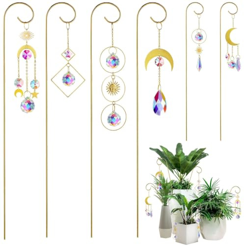 HDCRYSTALGIFTS Lot de 6 petites grilles pour plantes en pot avec voiles d'ombrage en cristal multicolores, colonnes de plantes en métal de 34,3 cm pour décoration de mini plantes en pot dans les