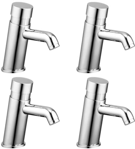 Bathrooms Push Button Non-Concussive Basin Tap Chrome – Self-Closing, Water Efficient, Adjustable Timer, Modern Brass Design, Red & Blue Silicone Rings (4)
