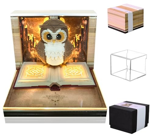 KBIBCK Schreibtisch Kalender mit Lichtern, 3D Kalender Abreißen 2026, 3D-Notizblock, 3D Memo Pad Papier Schnitzen, Kreative 3D Papierskulptur, DIY Desktop Ornament,Geschenke für Weihnachten (Eule)