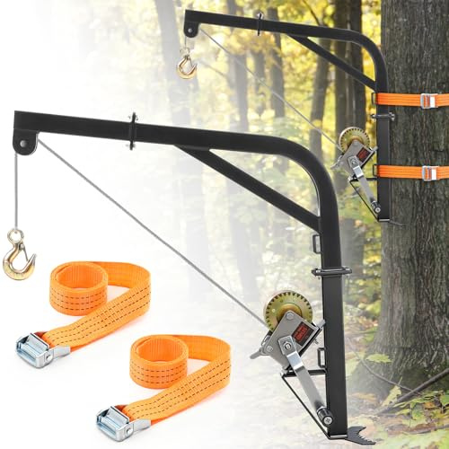 Feekoon Tree Mounted Deer Hoist, 600 LBS Hunting Deer Hanger, Game Hoist | Heavy Duty deer hoist with Winch, Ratchet Strap & Steel Cable, For Skinning, Cleaning, Hanging Deer Feed and Field Dressing