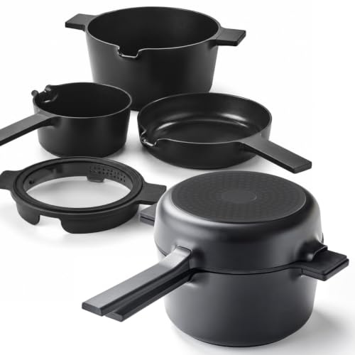 Brabantia Compact - Lot de 3 Poêles & Casseroles Empilables - Compatible Induction - Aluminium 100% Recyclé - Sans PFAS